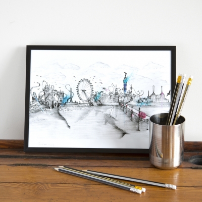 London Skyline Print A4,A3, Wall Art, city,  London Cityscape,Hand Drawing,Art Print, big ben, london eye, urban art, scifi print